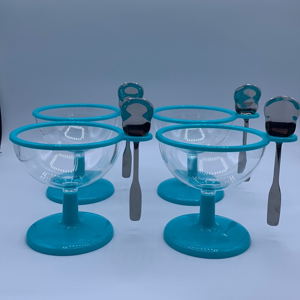 Set of Four Turquoise 8-ounce Acrylic Dessert Cups with Stainless Steel Spoons
